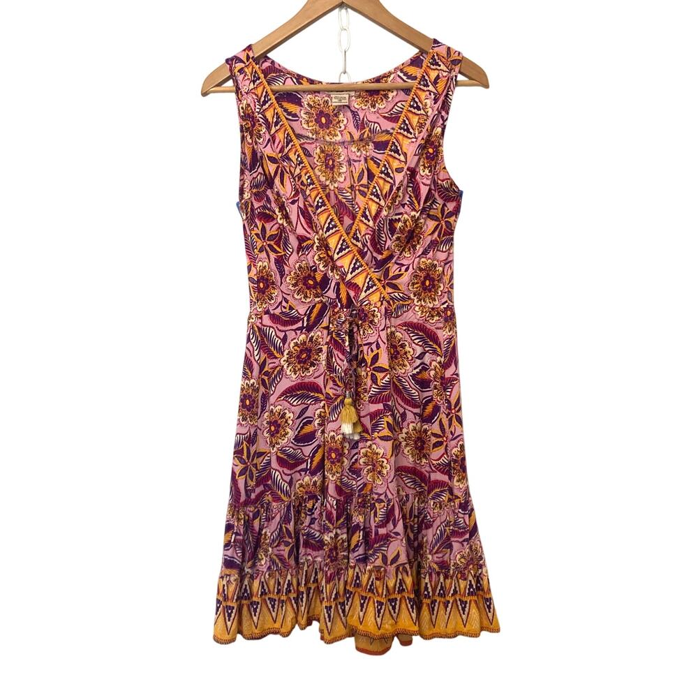 Lola P. Boho Pink Orange Purple V-Neck Sleeveless Floral Summer Dress Small
